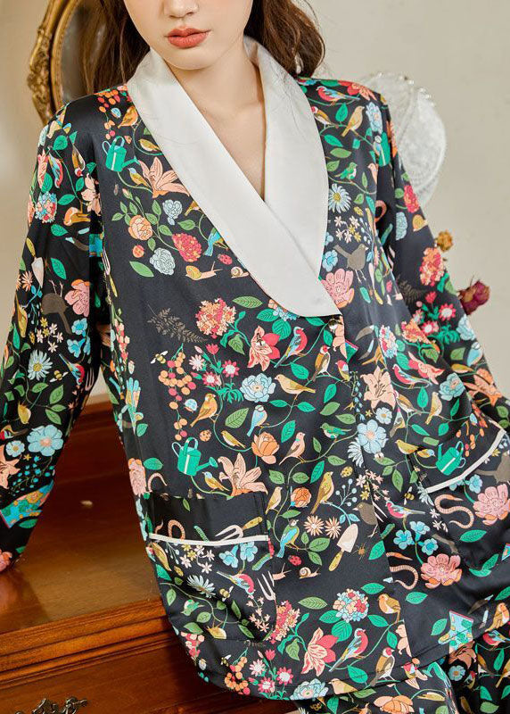 Women Black V Neck Print Pockets Ice Silk Pajamas Two Piece Suit Set Spring