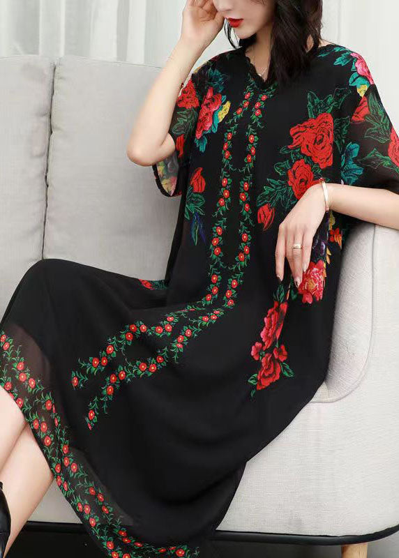 Women Black V Neck Rose Print Patchwork Chiffon Dresses Summer