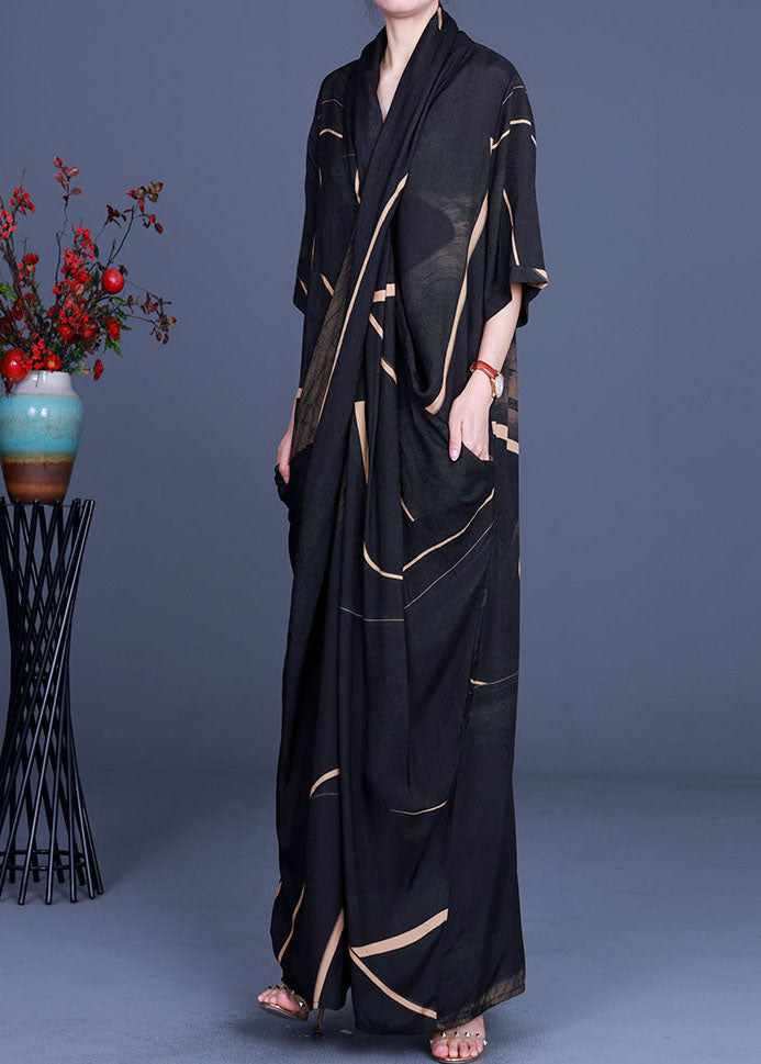 Women Black V Neck Chiffon Dress Half Sleeve