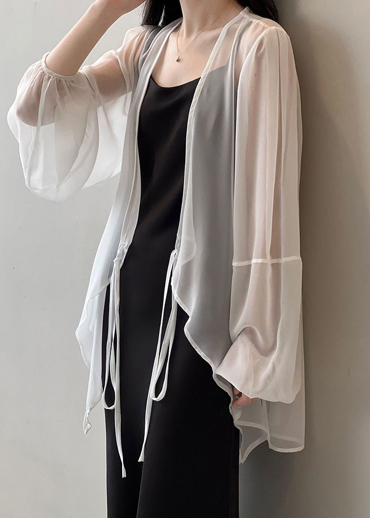 Women Black V Neck Tie Waist Chiffon UPF 50+ Cardigan Summer