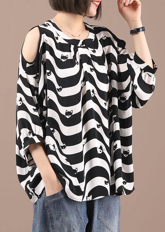 Women Black White Striped Cold Shoulder Print Summer Chiffon Shirt Half Sleeve - Omychic