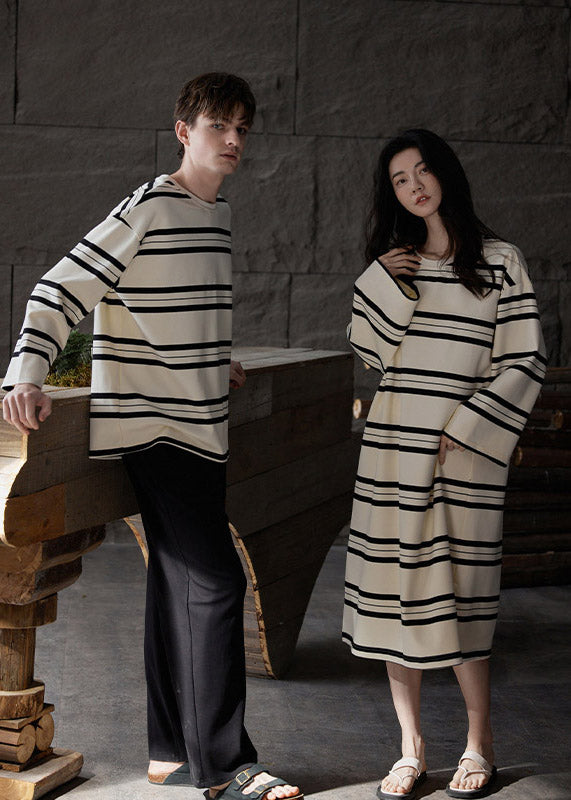 Women Black White Striped O-Neck Cozy Cotton Long Couple Dress Spring