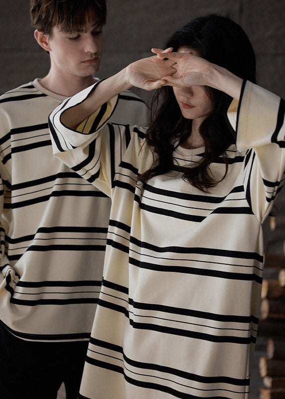 Women Black White Striped O-Neck Cozy Cotton Long Couple Dress Spring