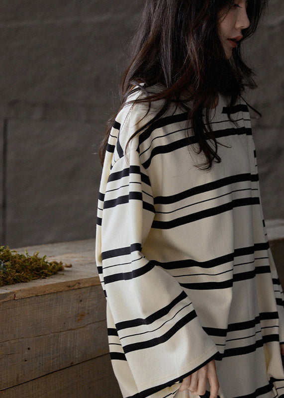 Women Black White Striped O-Neck Cozy Cotton Long Couple Dress Spring