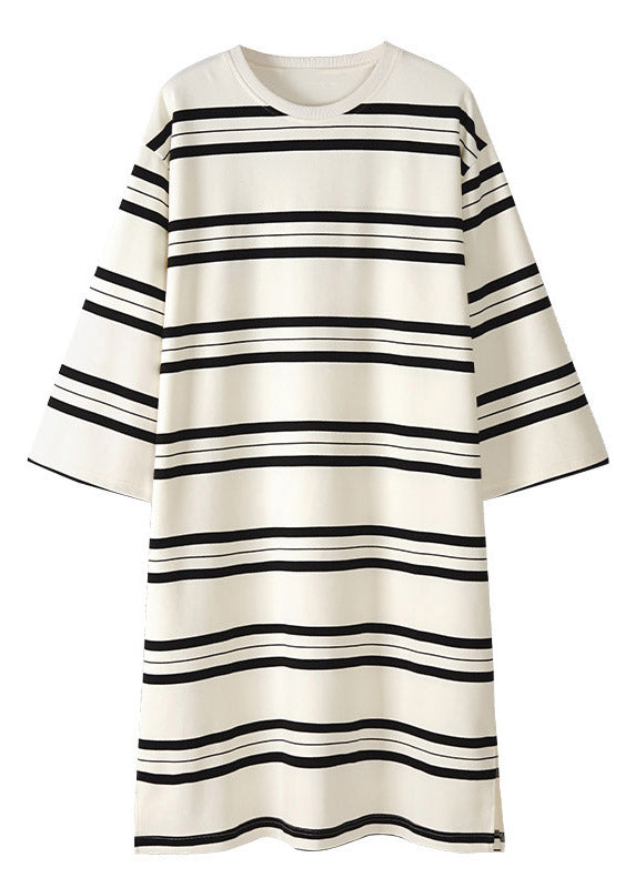 Women Black White Striped O-Neck Cozy Cotton Long Couple Dress Spring
