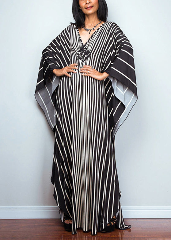 Women Black White Striped V Neck Beach Maxi Dresses Long Sleeve