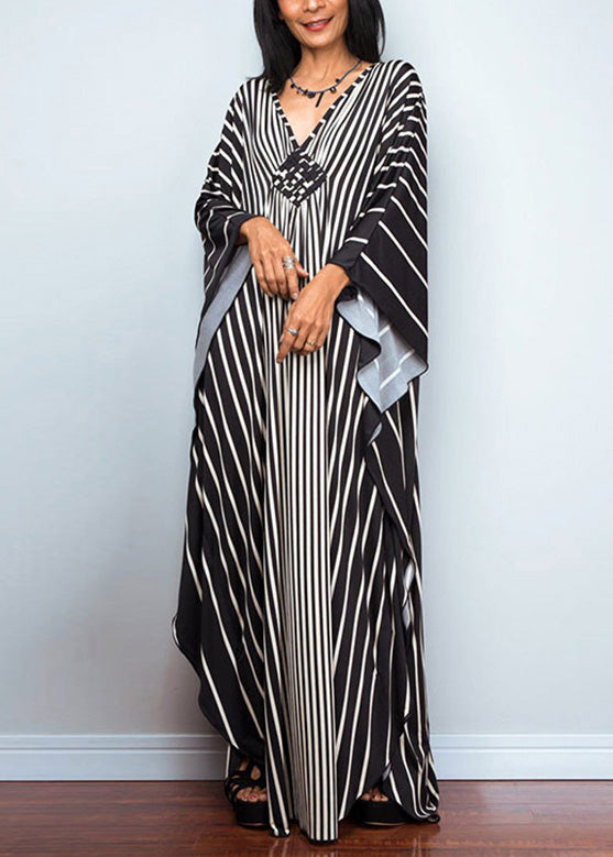 Women Black White Striped V Neck Beach Maxi Dresses Long Sleeve