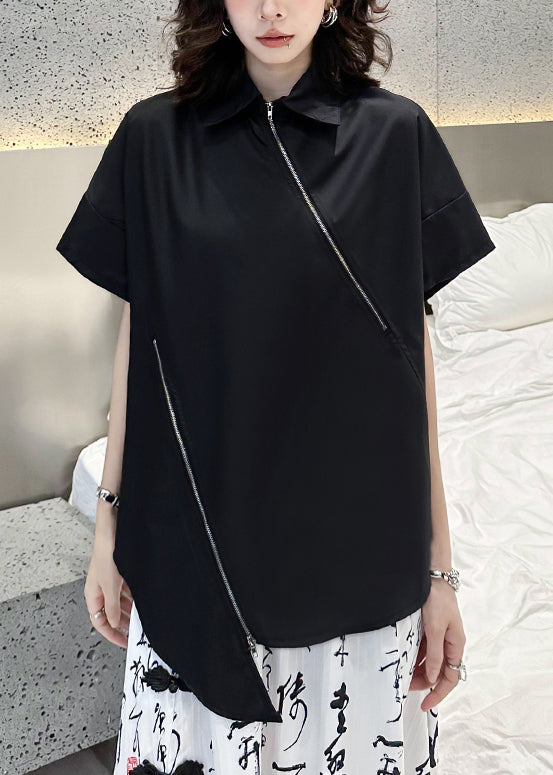 Women Black Zippered Asymmetrical Patchwork Cotton Blouses Short Sleeve