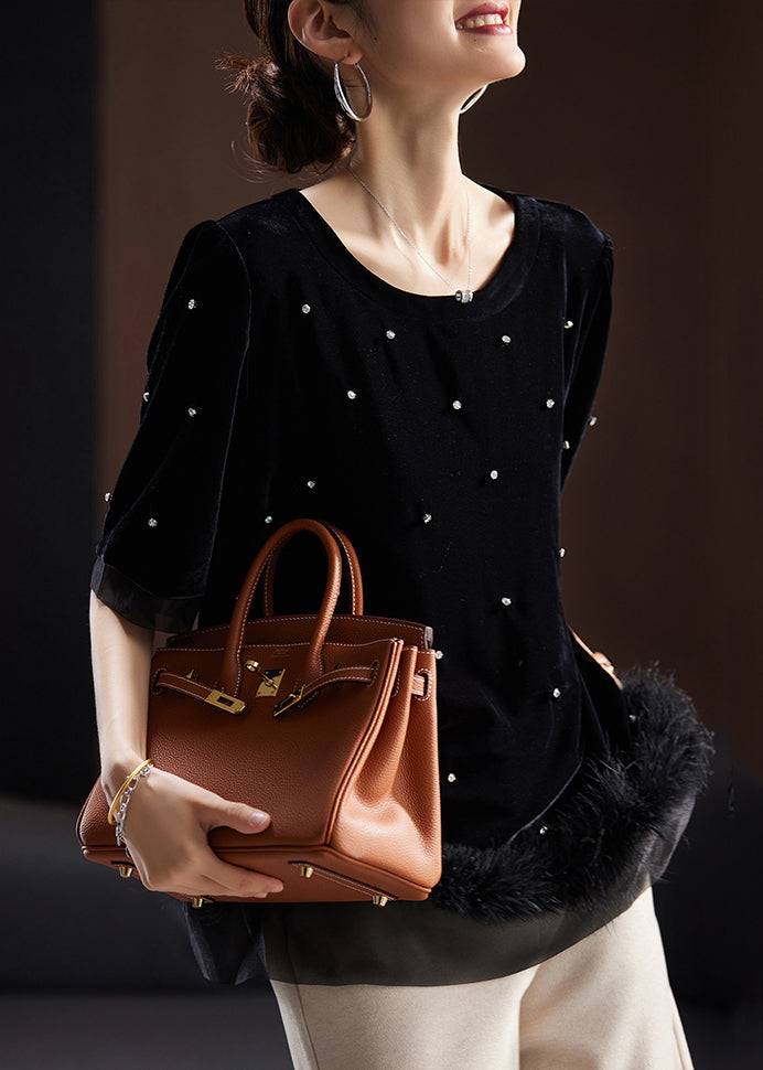 Women Black Zircon Fluffy Patchwork Silk Velour T Shirt Short Sleeve