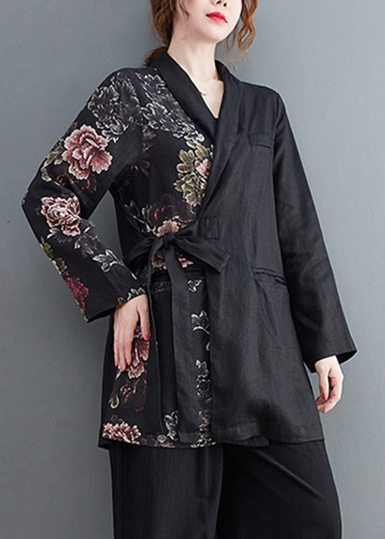 Women Black tie waist Asymmetrical Pockets Print Linen coat Long Sleeve