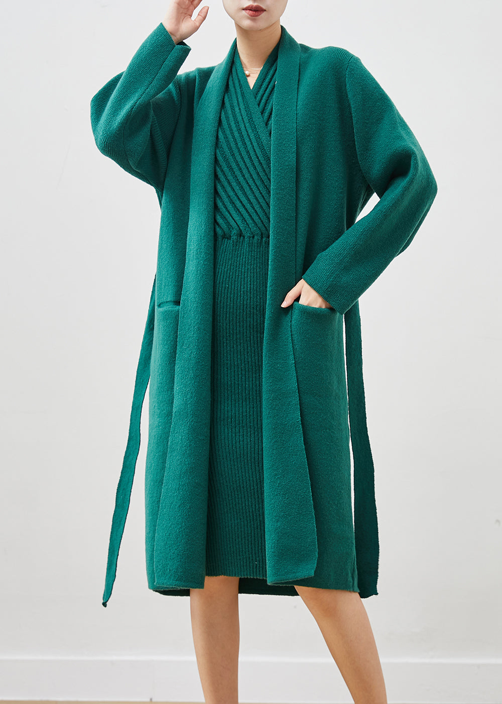 Women Blackish Green V Neck Thick Knit Women Sets 2 Pieces Winter