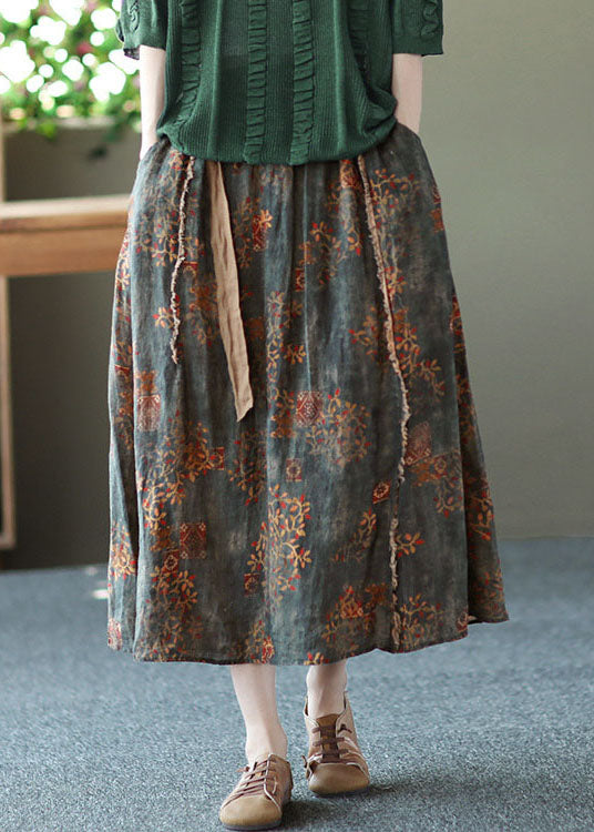 Women Blackish Green Wrinkled Pockets Patchwork Linen Skirts Summer