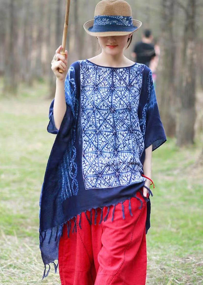 Women Blue Asymmetrical Design Tassel Print Linen Tops Batwing Sleeve