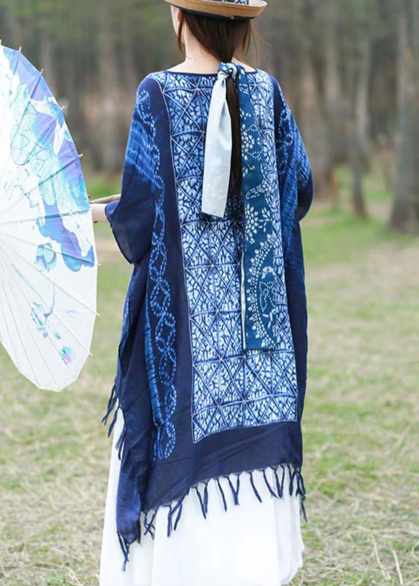 Women Blue Asymmetrical Design Tassel Print Linen Tops Batwing Sleeve