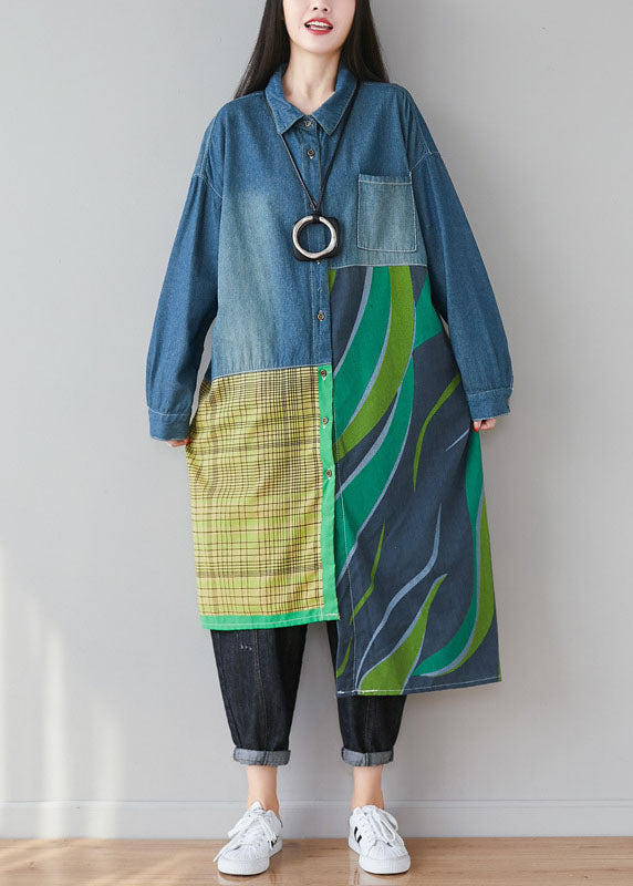 Women Blue Asymmetrical Patchwork Print Cotton Denim Trench Coats Spring