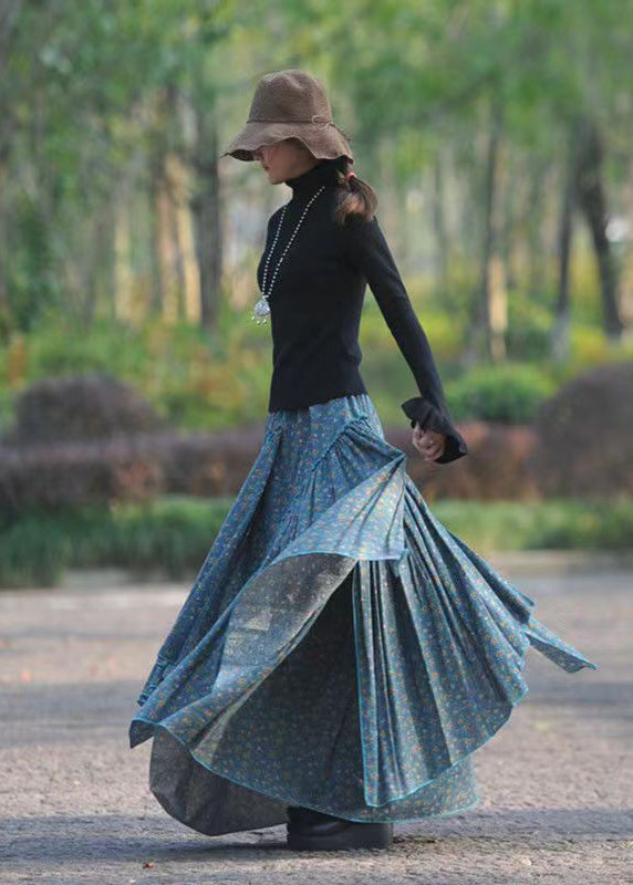 Women Blue Asymmetrical Print Elastic Waist Cotton Skirts Spring