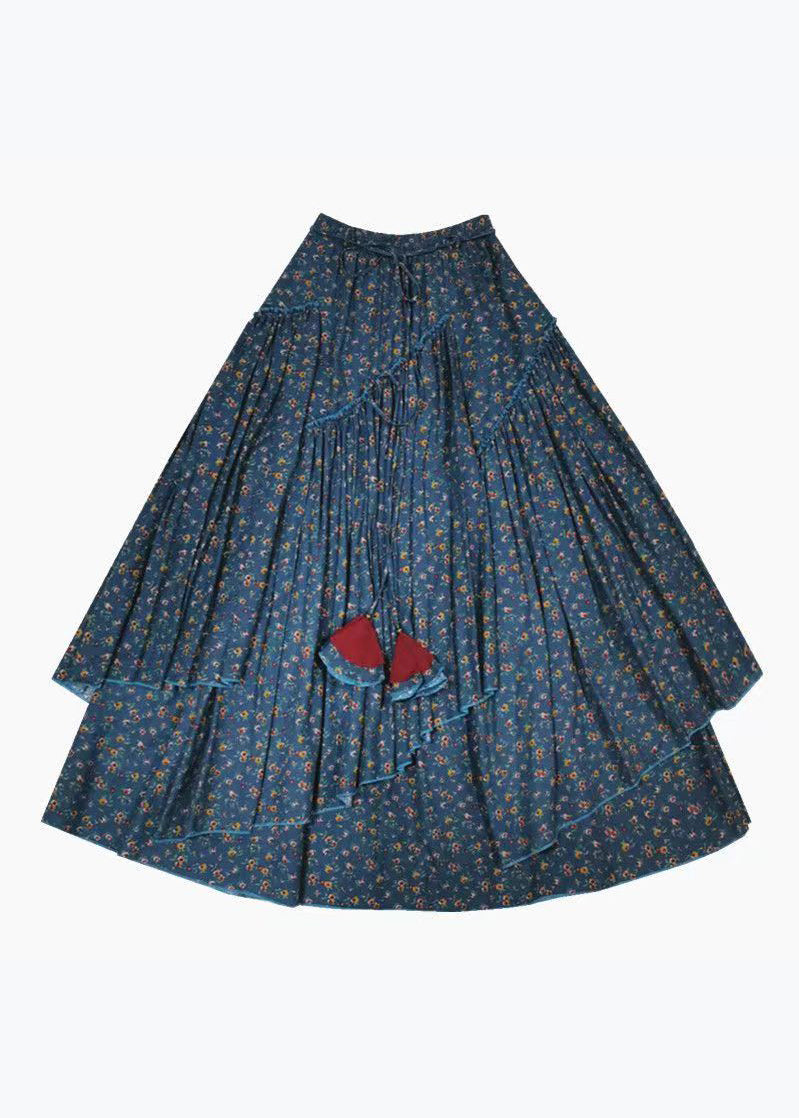 Women Blue Asymmetrical Print Elastic Waist Cotton Skirts Spring