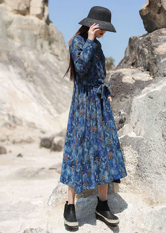 Women Blue Cinched Print Long Dresses Spring