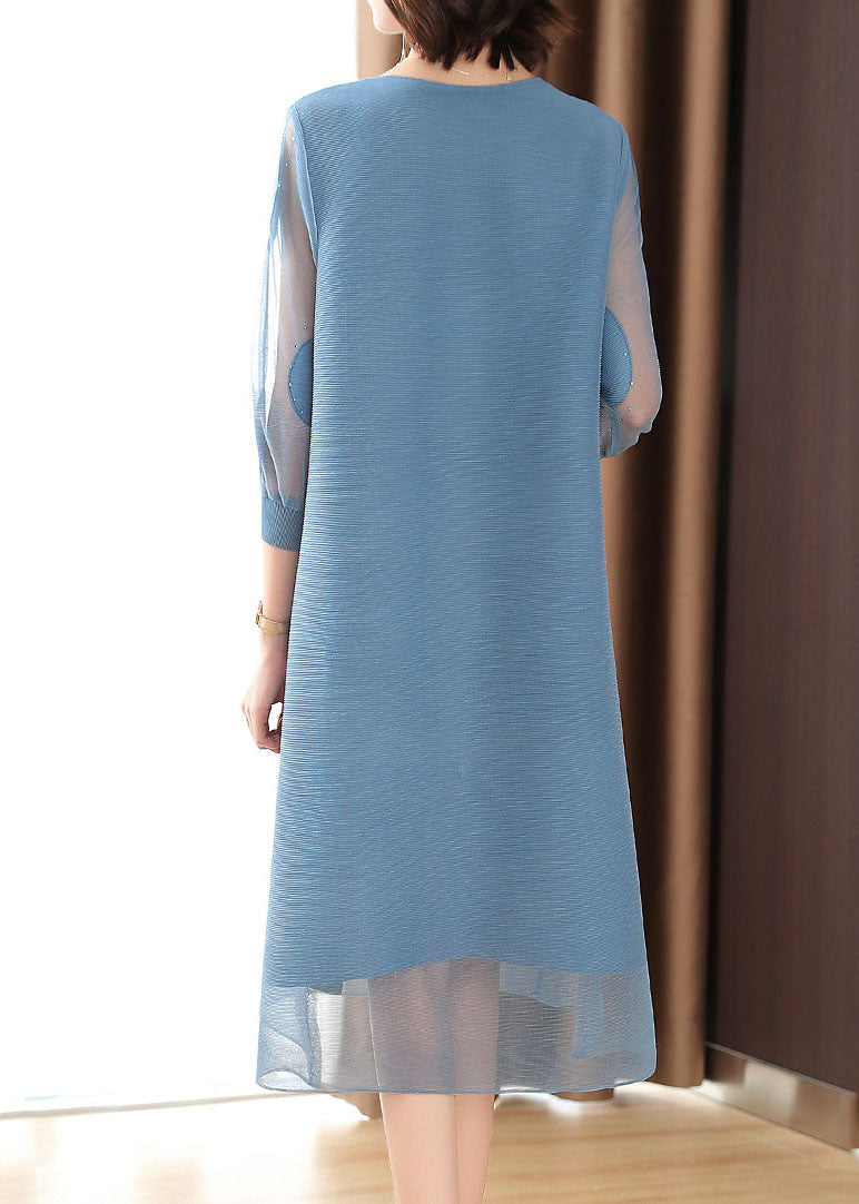 Women Blue Dot Embroideried Tulle Holiday Maxi Dress Fall