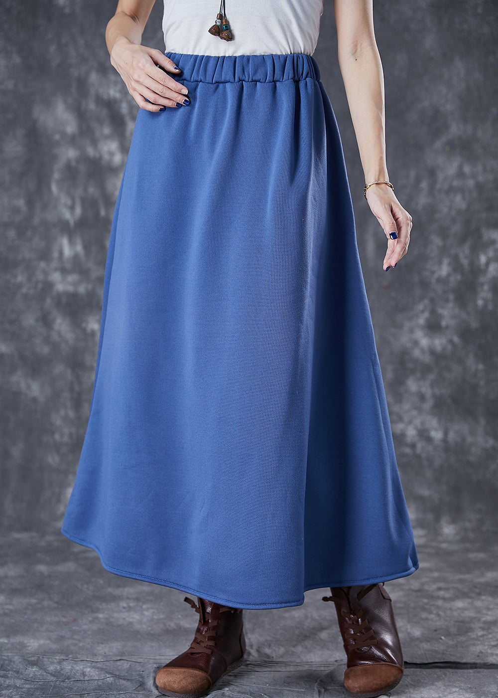 Women Blue Elastic Waist Cotton A Line Skirts Fall