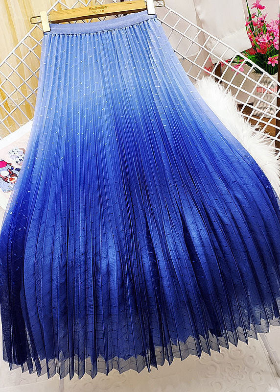 Women Blue Elastic Waist Sequins Gradient Color Tulle Pleated Skirt Spring