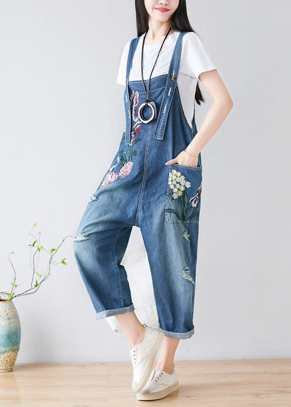 Women Blue Embroideried Cotton Denim Jumpsuits Spring