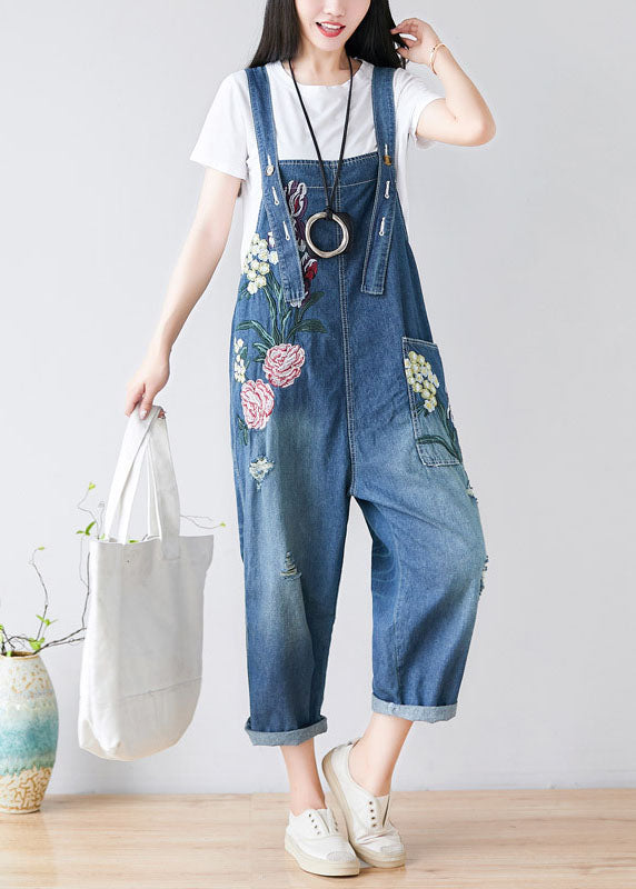 Women Blue Embroideried Cotton Denim Jumpsuits Spring