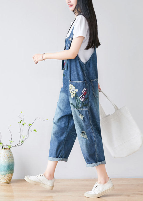 Women Blue Embroideried Cotton Denim Jumpsuits Spring