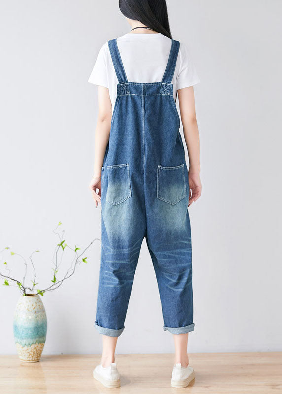 Women Blue Embroideried Cotton Denim Jumpsuits Spring