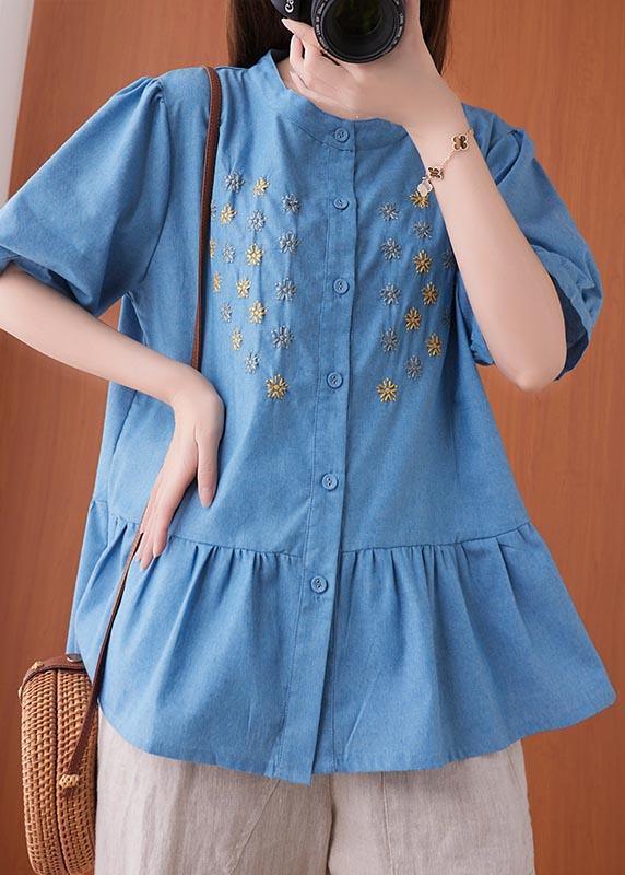 Women Blue Embroideried O-Neck Cotton Summer Shirts - Omychic