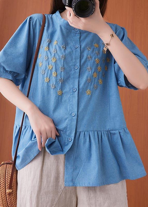 Women Blue Embroideried O-Neck Cotton Summer Shirts - Omychic