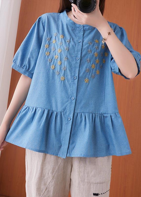 Women Blue Embroideried O-Neck Cotton Summer Shirts - Omychic