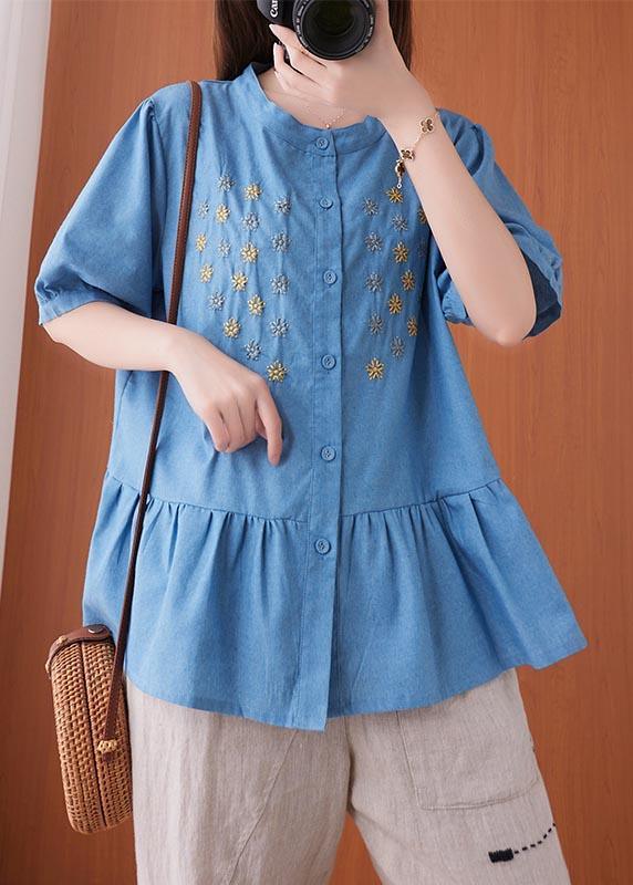 Women Blue Embroideried O-Neck Cotton Summer Shirts - Omychic