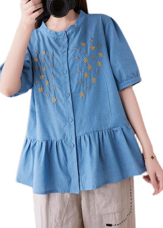 Women Blue Embroideried O-Neck Cotton Summer Shirts - Omychic