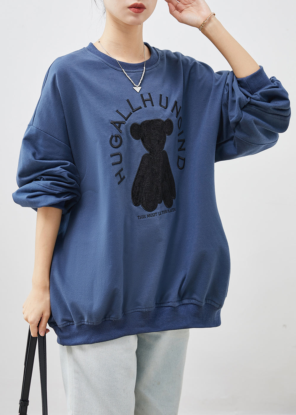 Women Blue Embroideried Oversized Cotton Pullover Streetwear Spring