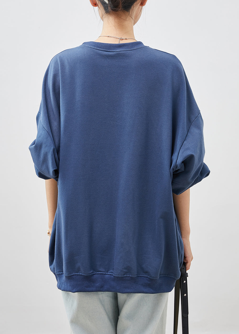 Women Blue Embroideried Oversized Cotton Pullover Streetwear Spring