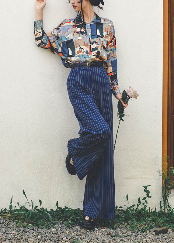 Women Blue High Waist Striped Draping Wide Leg Pants Spring