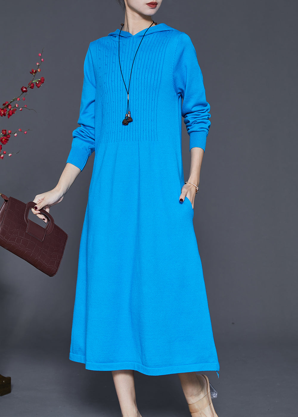 Women Blue Hooded Silm Fit Knit Long Dress Spring