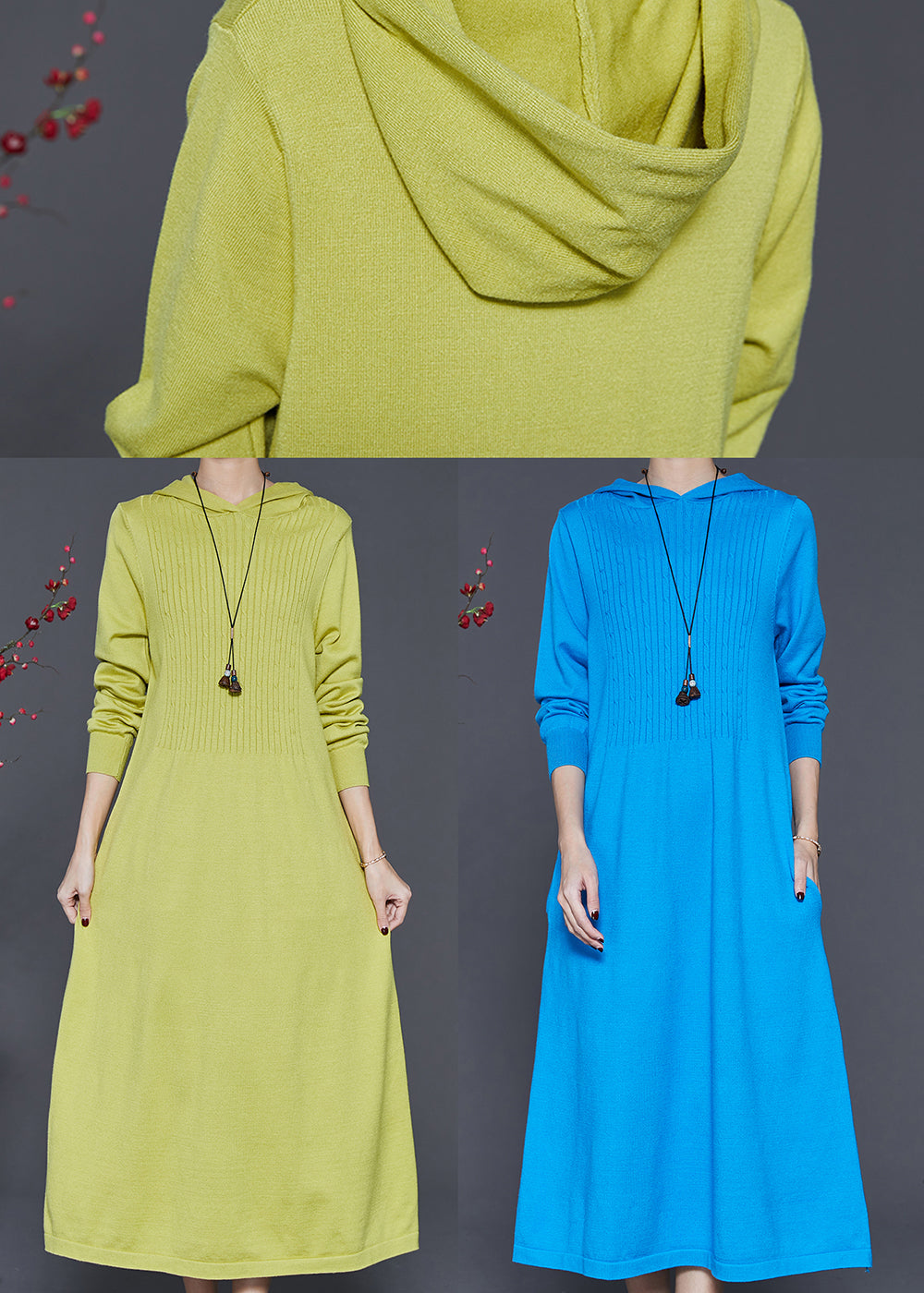 Women Blue Hooded Silm Fit Knit Long Dress Spring