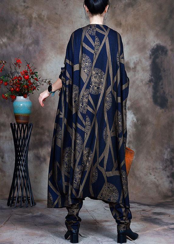 Women Blue Loose Print asymmetrical design Fall Two Pieces Set Long sleeve - Omychic