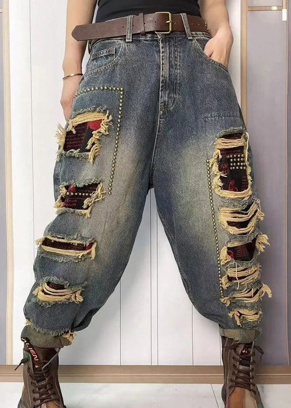 Women Blue Nail Bead Patchwork Sashes High Waist Ripped Jeans Summer