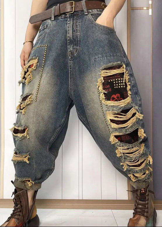 Women Blue Nail Bead Patchwork Sashes High Waist Ripped Jeans Summer