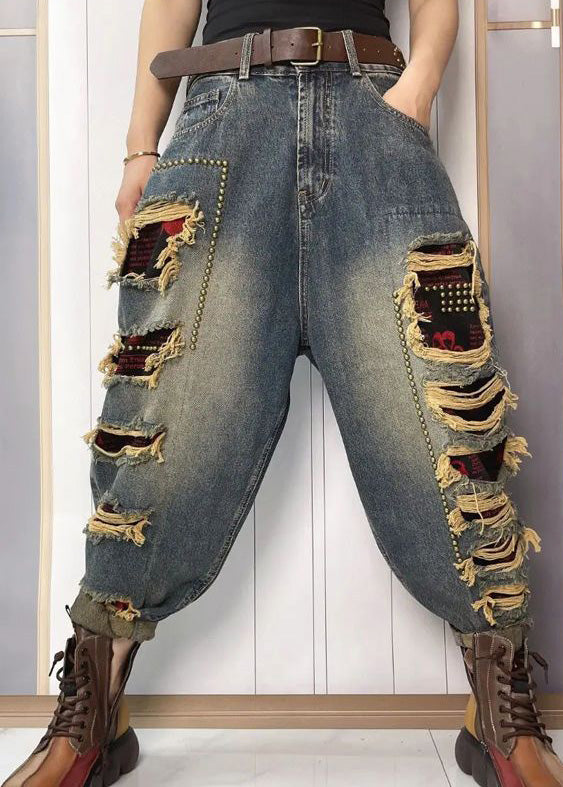 Women Blue Nail Bead Patchwork Sashes High Waist Ripped Jeans Summer