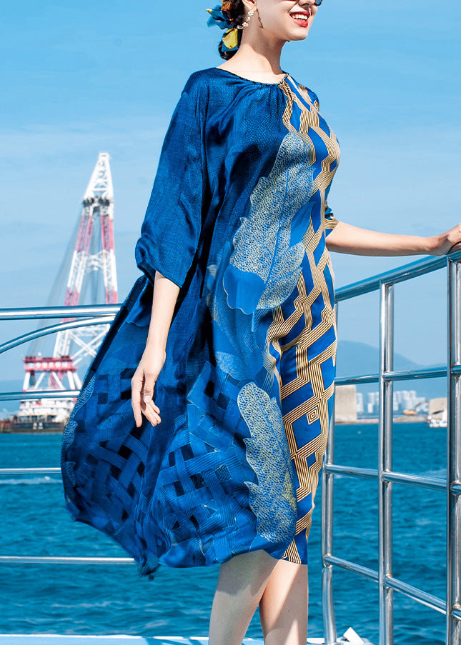 Women Blue O-Neck Asymmetrical Print Slik Long Dress Spring