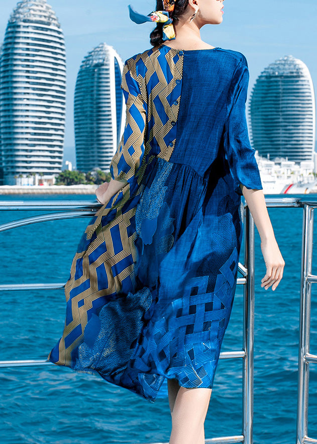 Women Blue O-Neck Asymmetrical Print Slik Long Dress Spring