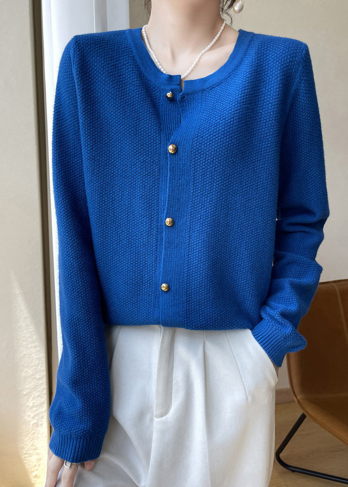 Women Blue O Neck Button Patchwork Cotton Knit Coats Fall