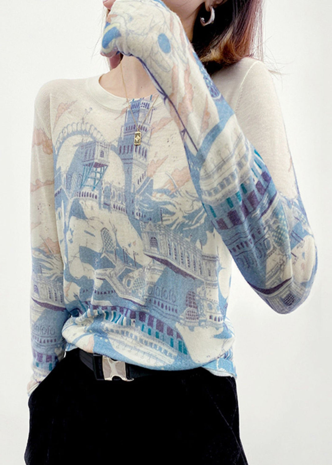 Women Blue O Neck Print Patchwork Knitting Cotton Top Long Sleeve