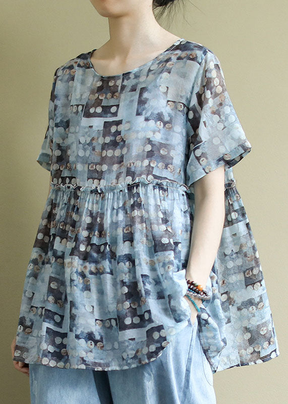 Women Blue O Neck Ruffled Print Patchwork Cotton Shirts Summer