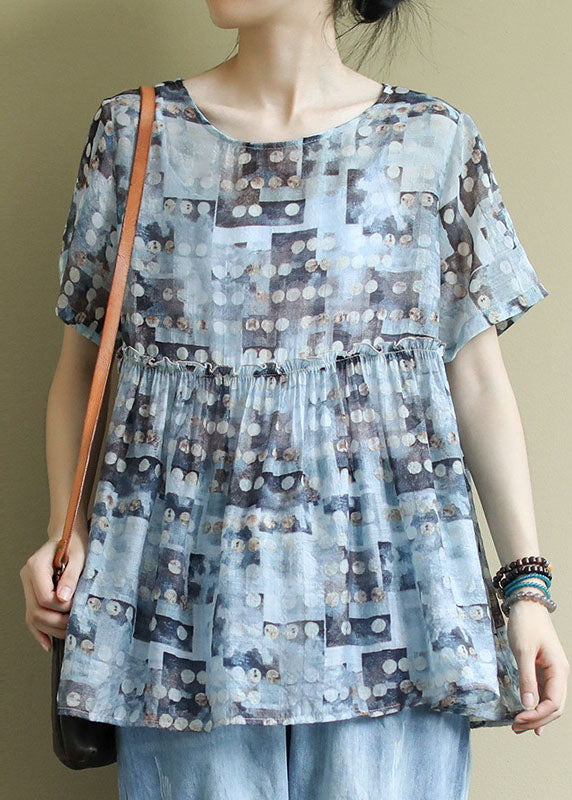 Women Blue O Neck Ruffled Print Patchwork Cotton Shirts Summer