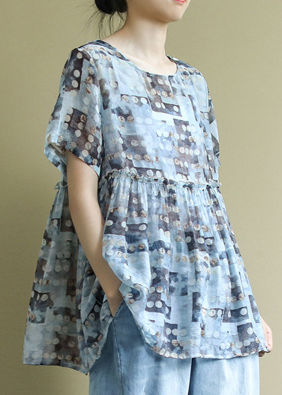 Women Blue O Neck Ruffled Print Patchwork Cotton Shirts Summer